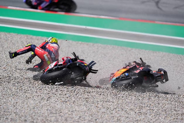 May 16, 2026, Barcelona, Barcelona, Spain: MONTMELO, SPAIN - MAY 16: Brad Binder 33 of Red Bull KTM Factory Racing and Joan Mir 36 of Honda HRC Castrol crashes during the MotoGP Tissot Sprint at the MotoGP Grand Prix of Catalunya at Circuit de Barcelona-Catalunya on May 16, 2026 in Montmelo, Spain. MotoGP Grand Prix Of Catalunya 2026  - ZUMAs316 20260516_znp_s316_070 Copyright: xMartixSeguraxRamonedax