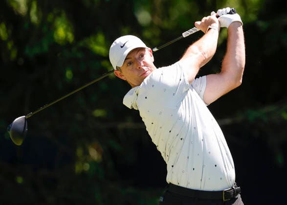 Rory McIlroy of Northern Ireland tees off on the 4th hole during the third round of the 2026 PGA, Golf Herren Championship at Aronimink Golf Club in Newtown Square, Pennsylvania, on Saturday, May 16, 2026.  PHI20260516804 LAURENCExKESTERSON