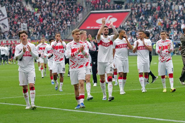16 05 2026, xovx, Fußball Fußball Bundesliga, Eintracht Frankfurt VfB Stuttgart VfB Stuttgart players cheer after the 2 2 in Frankfurt DFL DFB REGULATIONS PROHIBIT ANY USE OF PHOTOGRAPHS as IMAGE SEQUENCES and or QUASI VIDEO emspor Frankfurt