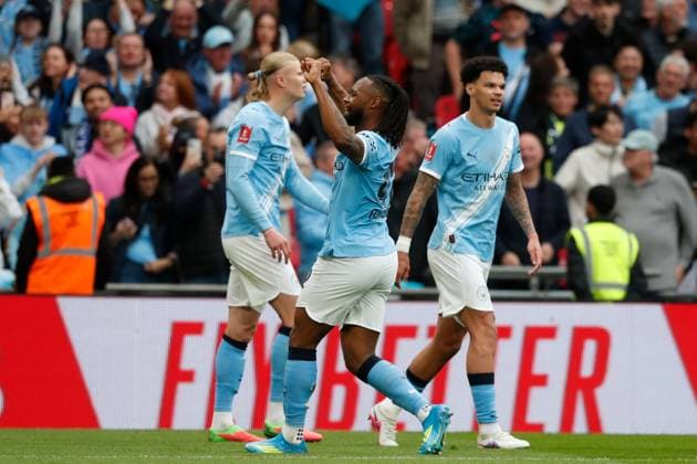 Chelsea v Manchester City. Antoine Semenyo of Manchester City celebrates scoring his sides 1st goal during the FA Cup Final Chelsea v Manchester City. Football. The Emirates FA Cup Final. Wembley Stadium, London, UK. 16 MAY 2026Wembley Wembley Stadium LONDON United Kingdom EDITORIAL USE ONLY No use with unauthorised audio, video, data, fixture lists, club league logos or live services. Online in-match use limited to 120 images, no video emulation. No use in betting, games or single club league player publications.  Copyright: xJASONPIX Shutterstockx 16878747z