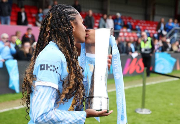 London, , 16th May 2026. Kerolin of Manchester City Women celebrates with the WSL trophy after the West Ham United Women vs Manchester City Women Barclays Women s Super League match at Chigwell Construction Stadium, London. Picture credit should read: Paul Terry Sportimage EDITORIAL USE ONLY. No use with unauthorised audio, video, data, fixture lists, club league logos or live services. Online in-match use limited to 120 images, no video emulation. No use in betting, games or single club league player publications. SPI_050_PT_West_Ham_W_Man_City_W SPI-4804-0050