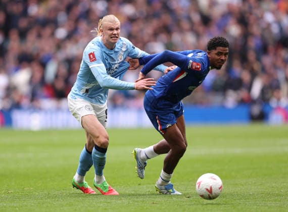 London, England, 16th May 2026. Erling Haaland of Manchester City and Wesley Fofana of Chelsea during the Chelsea vs Manchester City FA Cup Final match at Wembley Stadium, London. Picture credit should read: David Klein Sportimage EDITORIAL USE ONLY. No use with unauthorised audio, video, data, fixture lists, club league logos or live services. Online in-match use limited to 120 images, no video emulation. No use in betting, games or single club league player publications. SPI_073_DK_Chelsea_Manchester_City SPI-4803-0075