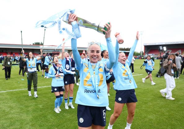 London, , 16th May 2026. Alex Greenwood of Manchester City Women celebrates after the West Ham United Women vs Manchester City Women Barclays Women s Super League match at Chigwell Construction Stadium, London. Picture credit should read: Paul Terry Sportimage EDITORIAL USE ONLY. No use with unauthorised audio, video, data, fixture lists, club league logos or live services. Online in-match use limited to 120 images, no video emulation. No use in betting, games or single club league player publications. SPI_059_PT_West_Ham_W_Man_City_W SPI-4804-0059
