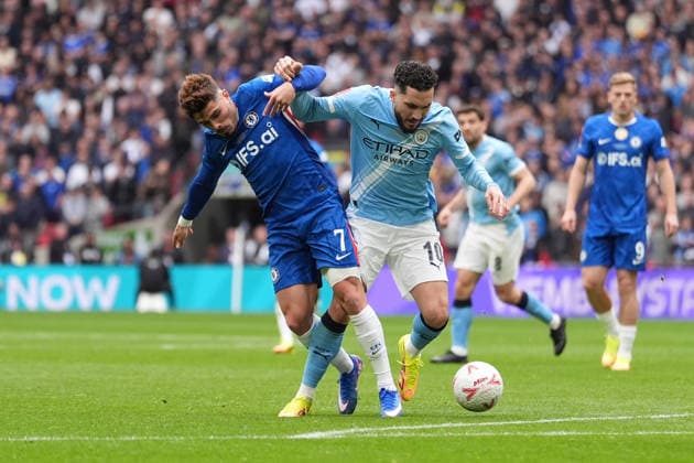 Chelsea v Manchester City FA Cup Final, Football, Wembley Stadium, London, UK - 16 May 2026 Pedro Neto of Chelsea pushed off the ball by Rayan Cherki of Manchester City. London Wembley Stadium London UK, UK NEWSPAPERS OUT Copyright: xSeanxRyanx
