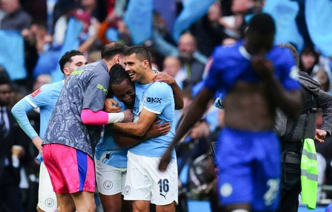 Antoine Semenyo of Manchester City celebrates at full time Chelsea v Manchester City, Emirates FA Cup Final, Football, Wembley Stadium, London, UK - 16 May 2026London Wembley Stadium United Kingdom EDITORIAL USE ONLY No use with unauthorised audio, video, data, fixture lists, club league logos or live services. Online in-match use limited to 120 images, no video emulation. No use in betting, games or single club league player publications. Copyright: xJavierxGarcia Shutterstockx 16876844bq