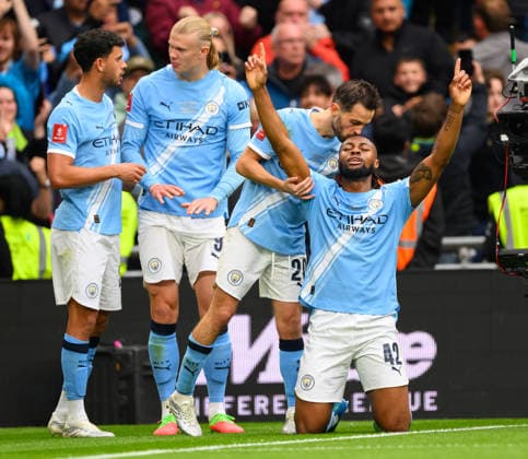 16 May 2026 - Chelsea v Manchester City - FA Cup Final - Wembley Stadium - London Chelsea v Manchester City - FA Cup Final - Wembley Stadium - London Antoine Semenyo celebrates his goal and Bernardo Silva kisses his head. Picture : Mark Pain London England  Copyright: xMarkxPainx