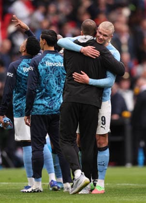 London, England, 16th May 2026. Erling Haaland of Manchester City celebrates the win during the Chelsea vs Manchester City FA Cup Final match at Wembley Stadium, London. Picture credit should read: David Klein Sportimage EDITORIAL USE ONLY. No use with unauthorised audio, video, data, fixture lists, club league logos or live services. Online in-match use limited to 120 images, no video emulation. No use in betting, games or single club league player publications. SPI_081_DK_Chelsea_Manchester_City SPI-4803-0078