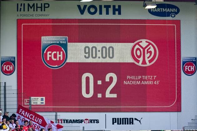 GER, 1 FBL, 1 FC Heidenheim vs 1 FSV Mainz 05 16 05 2026, Voith Arena, Heidenheim, GER, 1 FBL, 1 FC Heidenheim vs 1 FSV Mainz 05, in the picture Viedeowall with the final score 0 2 nordphotoxGmbHx xHafner nph00200