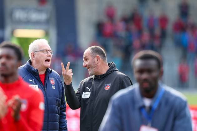 CEO Holger Sanwald 1FC Heidenheim 1846 and head coach Frank Schmidt 1FC Heidenheim 1846 in conversation after the match, 1 FC Heidenheim vs 1 FSV Mainz 05, Football, Men, Bundesliga, DFL, Season 2025 2026, Matchday 34, Review round, 16 05 2026 DFB regulations prohibit any use of photographs as image sequences and or quasi video Heidenheim Baden Wuerttemberg Germany Copyright: xkolbert-press MartinxAgüerax