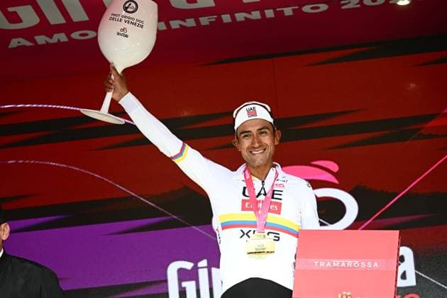 May 16, 2026, Fermo, ITALY: Equadorian rider Manuel Jhonatan Narvaez of Uae Team Emirates Xrg, poses on the podium after winning the 8th stage of the 109 Giro d Italia 2026, cycling race over 156 km from Chieti to Fermo, 16 May 2026. ANSA LUCA ZENNARO. Giro D Italia Cycling Tour - Stage 8  - ZUMAa110 20260516_zaf_a110_029 Copyright: xLucaxZennarox