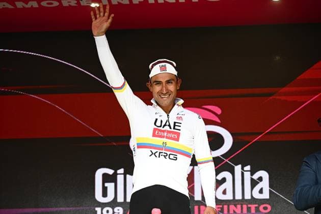 May 16, 2026, Fermo, ITALY: Equadorian rider Manuel Jhonatan Narvaez of Uae Team Emirates Xrg, poses on the podium after winning the after 8th stage of the 109 Giro d Italia 2026, cycling race over 156 km from Chieti to Fermo, 16 May 2026. ANSA LUCA ZENNARO. Giro D Italia Cycling Tour - Stage 8  - ZUMAa110 20260516_zaf_a110_030 Copyright: xLucaxZennarox