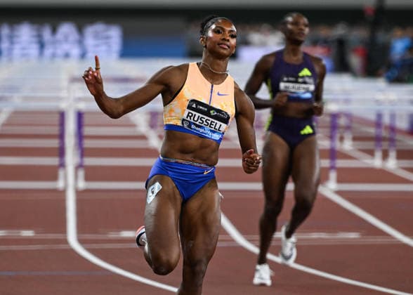 Wanda Diamond League 2026 - Shanghai Keqiao SHAOXING, CHINA - MAY 16: Masai Russell of the United States wins the women s 100m hurdles race during the Yangtze River Delta Athletics Diamond Gala, the Shanghai Keqiao leg and opening meeting of the 2026 Wanda Diamond League circuit, at the China Textile City Sports Center in Keqiao, Shaoxing, Zhejiang province, China, on May 16, 2026. Artur Widak Anadolu Shaoxing China. Editorial use only. Please get in touch for any other usage.  Copyright: x2026xAnadoluxArturxWidakx