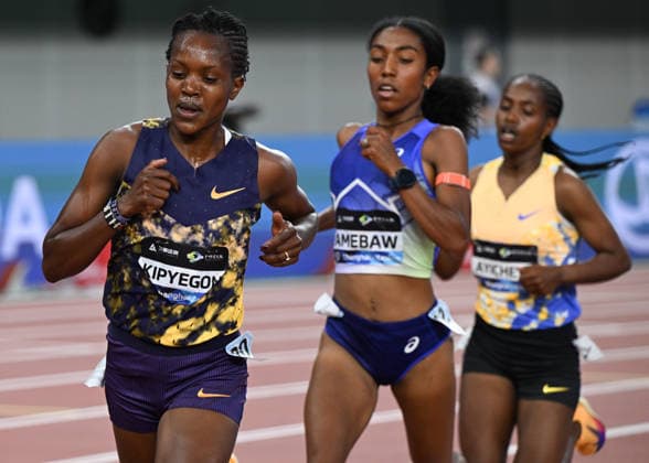 Wanda Diamond League 2026 - Shanghai Keqiao SHAOXING, CHINA - MAY 16: Faith Kipyegon of Kenya leads Likina Amebaw of Ethiopia and Aynadis Mebratu of Ethiopia during the women s 5000m race at the Yangtze River Delta Athletics Diamond Gala, the Shanghai Keqiao leg and opening meeting of the 2026 Wanda Diamond League circuit, at the China Textile City Sports Center in Keqiao, Shaoxing, Zhejiang province, China, on May 16, 2026. Artur Widak Anadolu Shaoxing China. Editorial use only. Please get in touch for any other usage.  Copyright: x2026xAnadoluxArturxWidakx