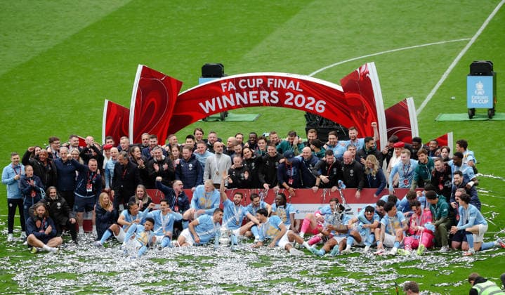 FA Cup Final Chelsea v Manchester City Wembley Stadium 16.05.2026 Manchester City players celebrate with the cup at the end FA Cup Final Chelsea v Manchester City Wembley Stadium 16.05.2026 Photograph By Marc Aspland The Times  Copyright: xMarcxAsplandx NINTCHDBPICT001081313612