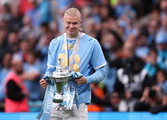 London, England, 16th May 2026. Erling Haaland of Manchester City holds the FA Cup during the Chelsea vs Manchester City FA Cup Final match at Wembley Stadium, London. Picture credit should read: David Klein Sportimage EDITORIAL USE ONLY. No use with unauthorised audio, video, data, fixture lists, club league logos or live services. Online in-match use limited to 120 images, no video emulation. No use in betting, games or single club league player publications. SPI_082_DK_Chelsea_Manchester_City SPI-4803-0084