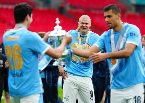 Erling Haaland of Manchester City celebrates Chelsea v Manchester City, Emirates FA Cup Final, Football, Wembley Stadium, London, UK - 16 May 2026London Wembley Stadium United Kingdom EDITORIAL USE ONLY No use with unauthorised audio, video, data, fixture lists, club league logos or live services. Online in-match use limited to 120 images, no video emulation. No use in betting, games or single club league player publications.  Copyright: xJavierxGarcia Shutterstockx 16876844cc