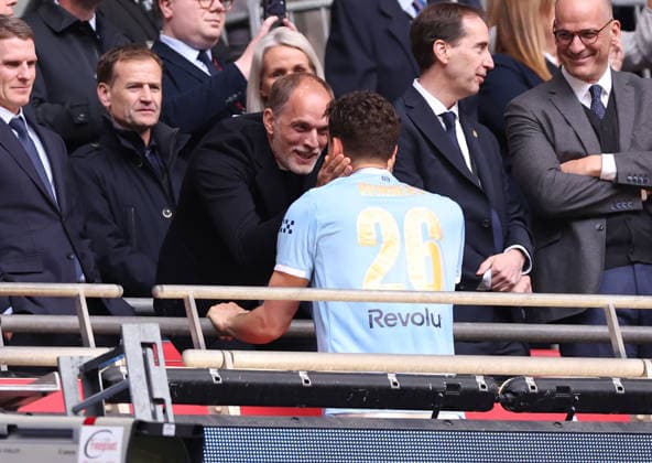 London, England, 16th May 2026. England manager Thomas Tuchel celebrates with the Manchester City players during the Chelsea vs Manchester City FA Cup Final match at Wembley Stadium, London. Picture credit should read: David Klein Sportimage EDITORIAL USE ONLY. No use with unauthorised audio, video, data, fixture lists, club league logos or live services. Online in-match use limited to 120 images, no video emulation. No use in betting, games or single club league player publications. SPI_119_DK_Chelsea_Manchester_City SPI-4803-0129