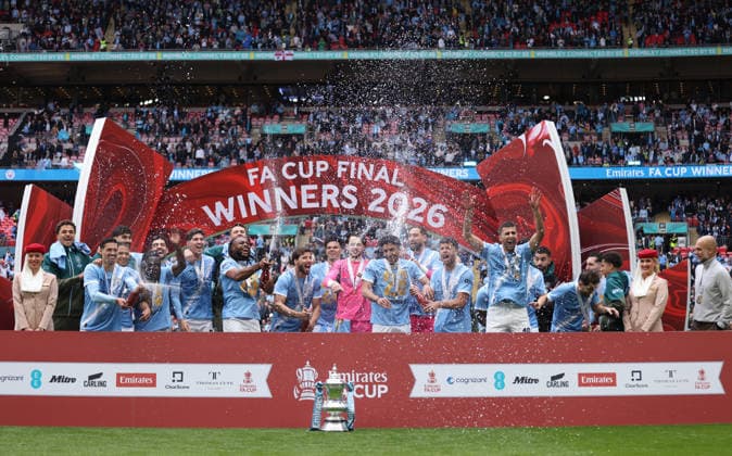 Man City celebrate victory at the Emirates FA Cup Final match Chelsea v Manchester City, at Wembley Stadium, London, UK on 16th May, 2026. 