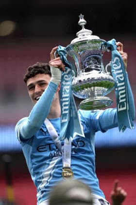 Phil Foden (MC) with the FA Cup at the Emirates FA Cup Final match Chelsea v Manchester City, at Wembley Stadium, London, UK on 16th May, 2026. 
