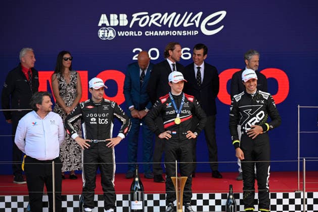 IPA84757431 - , 09 Driver Mitch Evans And Driver Nyck De Vries And 33 Driver Dan TicktumofIn Celebrating The Final Podium Race 1,During Abb Fia Formula E World Championship, WM, Weltmeisterschaft Monaco E-Prix 2026 ,16 May Monte Carlo ,Monaco  Copyright: xLucaxBarsali IPAxSportx xx 84757431