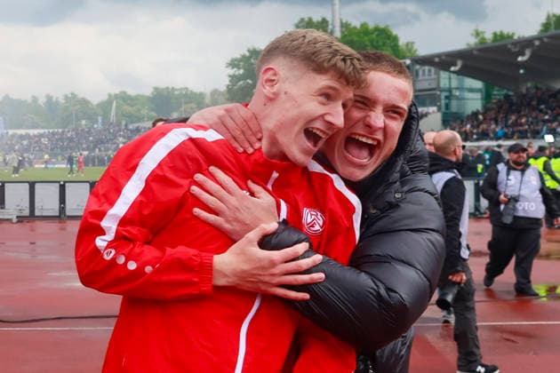 Soccer 3 Liga 38 Matchday SSV Ulm Rot Weiss Essen on 16 05 2026 At the Donaustadion in Ulm The fans and the team of Rot Weiss Essen celebrate the 2 3 away victory and the qualification of the relegation