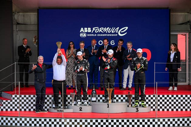 IPA84757446 - , 09 Driver Mitch Evans And Driver Nyck De Vries And 33 Driver Dan TicktumofIn Celebrating The Final Podium Race 1,During Abb Fia Formula E World Championship, WM, Weltmeisterschaft Monaco E-Prix 2026 ,16 May Monte Carlo ,Monaco  Copyright: xLucaxBarsali IPAxSportx xx 84757446