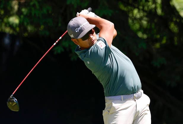 Ryo Hisatsune of Japan tees off on the 4th hole during the third round of the 2026 PGA, Golf Herren Championship at Aronimink Golf Club in Newtown Square, Pennsylvania, on Saturday, May 16, 2026.  PHI20260516812 LAURENCExKESTERSON