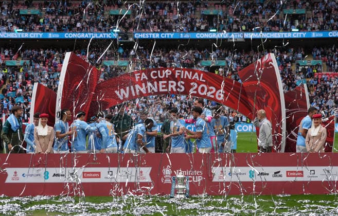 Chelsea v Manchester City FA Cup Final, Football, Wembley Stadium, London, UK - 16 May 2026 Manchester City celebrate their FA Cup win against Chelsea. London Wembley Stadium London UK, UK NEWSPAPERS OUT Copyright: xSeanxRyanx