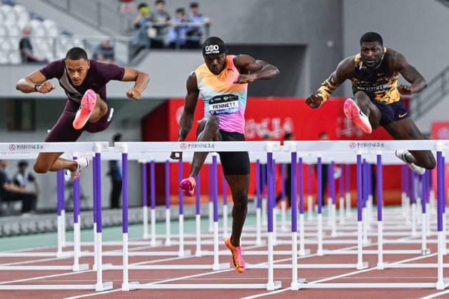 Wanda Diamond League 2026 - Shanghai Keqiao SHAOXING, CHINA - MAY 16: Jamal Britt of the United States, Orlando Bennett of Jamaica, and Cordell Tinch of the United States compete in the men s 110m hurdles race during the Yangtze River Delta Athletics Diamond Gala, the Shanghai Keqiao leg and opening meeting of the 2026 Wanda Diamond League circuit, at the China Textile City Sports Center in Keqiao, Shaoxing, Zhejiang province, China, on May 16, 2026. Artur Widak Anadolu Zhejiang China. Editorial use only. Please get in touch for any other usage. Copyright: x2026xAnadoluxArturxWidakx