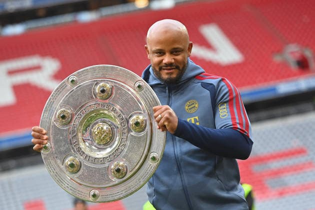 Coach Vincent KOMPANY Bayern Muenchen with the Meisterschale,Schalr,Pokal,Cup,Trophaee Soccer 1 Bundesliga Season 2025 2026, 34 Matchday, Matchday34 FC Bayern Muenchen 1 FC Koeln on 16 05 2026 , A L L I A N Z A R E N A