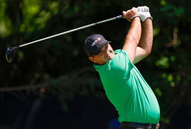 Patrick Reed tees off on the 4th hole during the third round of the 2026 PGA, Golf Herren Championship at Aronimink Golf Club in Newtown Square, Pennsylvania, on Saturday, May 16, 2026.  PHI20260516815 LAURENCExKESTERSON