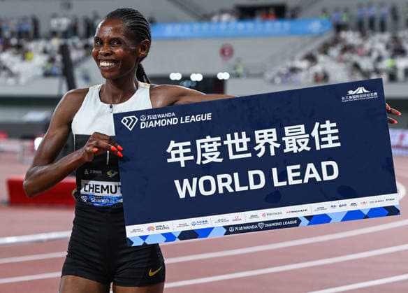 Wanda Diamond League 2026 - Shanghai Keqiao SHAOXING, CHINA - MAY 16: Peruth Chemutai of Uganda celebrates with a WORLD LEAD sign after winning the women s 3000m steeplechase race during the Yangtze River Delta Athletics Diamond Gala, the Shanghai Keqiao leg and opening meeting of the 2026 Wanda Diamond League circuit, at the China Textile City Sports Center in Keqiao, Shaoxing, Zhejiang province, China, on May 16, 2026. Artur Widak Anadolu Shaoxing China. Editorial use only. Please get in touch for any other usage.  Copyright: x2026xAnadoluxArturxWidakx