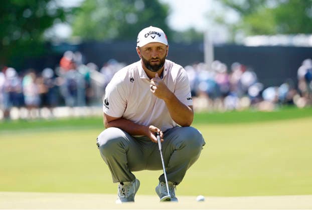 Jon Rahm of Spain lines up a putt on the 3rd green during the third round of the 2026 PGA, Golf Herren Championship at Aronimink Golf Club in Newtown Square, Pennsylvania, on Saturday, May 16, 2026.  PHI20260516816 LAURENCExKESTERSON