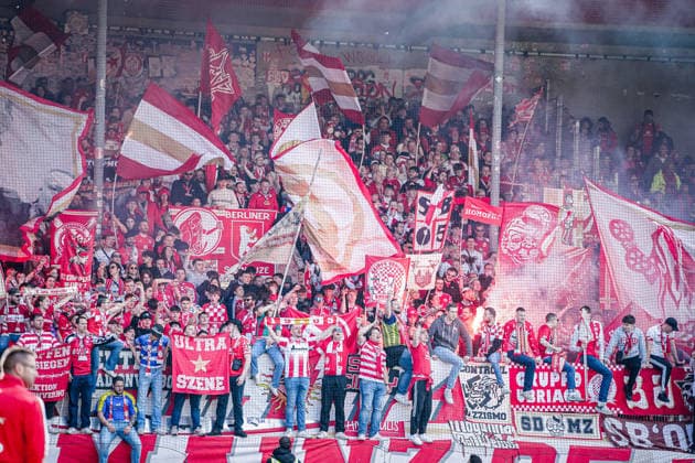 Germany Soccer 1 Bundesliga 2025 2026 , 34 Matchday 1 FC Heidenheim vs 1 FSV Mainz 05 Voith Arena Heidenheim an der Brenz Grandstand, Fans, Flags, Pyro, Pyrotechnics Copyright: xBennetxLongx