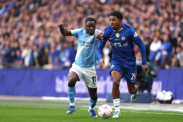 Jeremy Doku (MC) Wesley Fofana (C) at the Emirates FA Cup Final match Chelsea v Manchester City, at Wembley Stadium, London, UK on 16th May, 2026. 