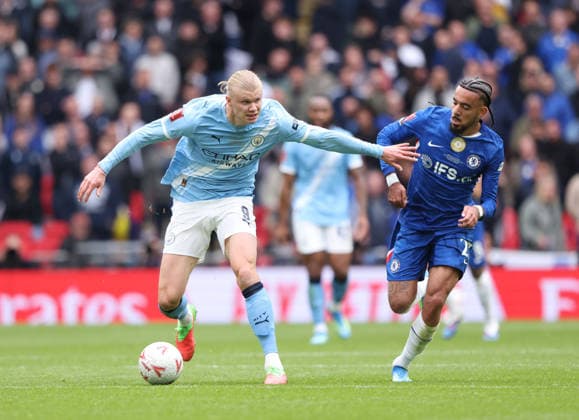 Erling Haaland (MC) Malo Gusto (C) at the Emirates FA Cup Final match Chelsea v Manchester City, at Wembley Stadium, London, UK on 16th May, 2026. 