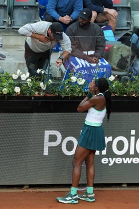 Coco Gauff of United States talks with her coach during the match against Elina Svitolina of Ukraine at the Internazionali BNL d Italia 2026 tennis tournament at Foro Italico in Rome (Italy) on May, 16, 2026. AntoniettaxBaldassarre