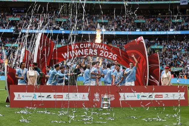 Chelsea v Manchester City. The Man City players celebrate victory at the end of the FA Cup Final Chelsea v Manchester City. Football. The Emirates FA Cup Final. Wembley Stadium, London, UK. 16 MAY 2026Wembley Wembley Stadium LONDON United Kingdom EDITORIAL USE ONLY No use with unauthorised audio, video, data, fixture lists, club league logos or live services. Online in-match use limited to 120 images, no video emulation. No use in betting, games or single club league player publications.  Copyright: xJASONPIX Shutterstockx 16878747cr