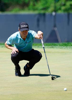 Justin Thomas lines up a putt on the 1st green during the third round of the 2026 PGA, Golf Herren Championship at Aronimink Golf Club in Newtown Square, Pennsylvania, on Saturday, May 16, 2026.  PHI20260516824 LAURENCExKESTERSON