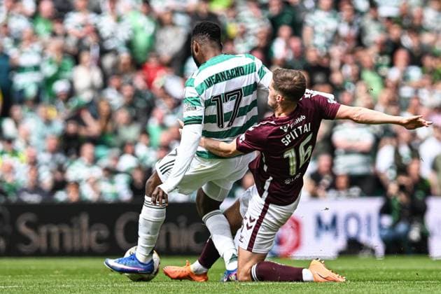 Celtic v Heart of Midlothian William Hill Premiership Kelechi Iheanacho of Celtic and Blair Spittal of Heart of Midlothian during the William Hill Premiership match at Celtic Park, Glasgow 16 05 2026 UK Newspapers OUT Copyright: xJamiexJohnstonx FIL-23440-0257