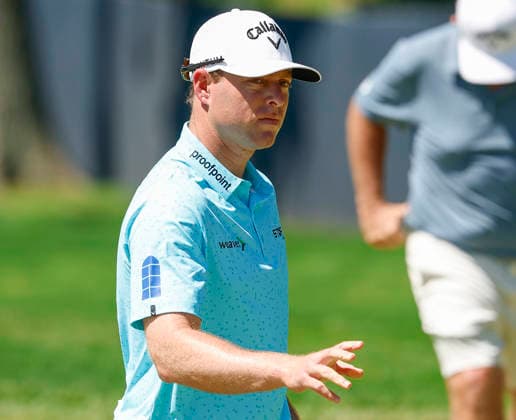 Max Greyserman reacts after putting on the 1st green during the third round of the 2026 PGA, Golf Herren Championship at Aronimink Golf Club in Newtown Square, Pennsylvania, on Saturday, May 16, 2026.  PHI20260516832 LAURENCExKESTERSON