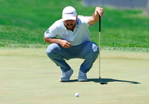 Stephan Jaeger of Germany lines up a putt on the 1st green during the third round of the 2026 PGA, Golf Herren Championship at Aronimink Golf Club in Newtown Square, Pennsylvania, on Saturday, May 16, 2026.  PHI20260516834 LAURENCExKESTERSON