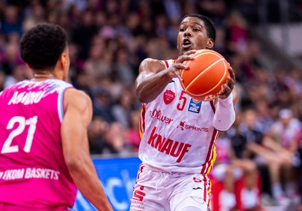 Marcus Carr Fitness First Wuerzburg Baskets, 5 Telekom Baskets Bonn Fitness First Würzburg Baskets 16 05 2026 Basketball, easyCredit Basketball Bundesliga, Playoffs, Quarterfinals Game 1, GER, Bonn, Telekom Dome Bonn Copyright: HMBxMedia xMarcoxBader