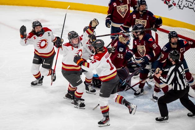 May 16, 2026, Laval, Pq, Canada: Ottawa Charge s Gabbie Hughes (17), right, celebrates her goal against Montreal Victoire with teammates during first period PWHL playoff hockey action in Laval, Que., on Saturday, May 16, 2026. Canada News - May 16, 2026 - ZUMAc35_ 20260516_zaf_c35_002 Copyright: xChristopherxKatsarovx