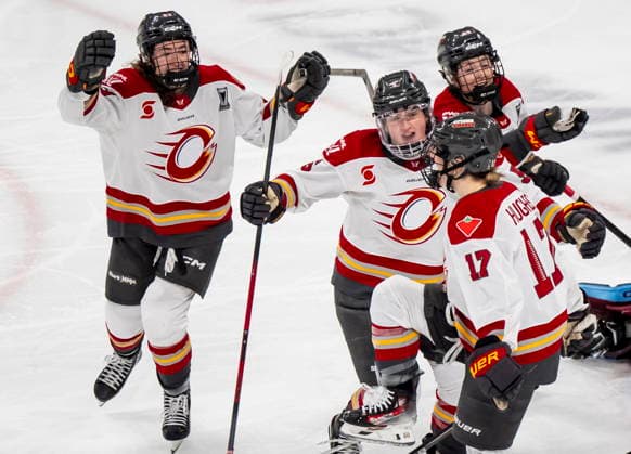 May 16, 2026, Laval, Pq, Canada: Ottawa Charge s Gabbie Hughes (17), right, celebrates her goal against Montreal Victoire with teammates during first period PWHL playoff hockey action in Laval, Que., on Saturday, May 16, 2026. Canada News - May 16, 2026 - ZUMAc35_ 20260516_zaf_c35_003 Copyright: xChristopherxKatsarovx
