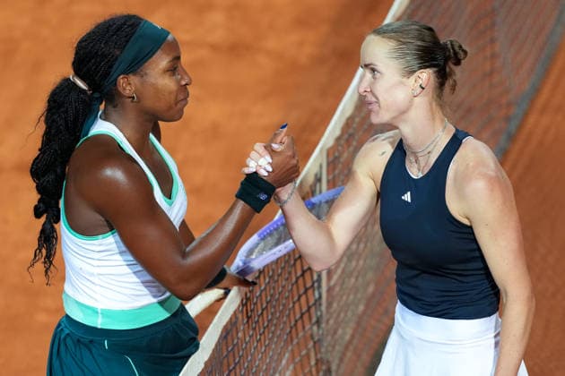 Coco Gauff of United States and Elina Svitolina of Ukraine greet each other at the end of the Internazionali BNL d Italia 2026 tennis tournament final at Foro Italico in Rome (Italy) on May, 16, 2026. AntoniettaxBaldassarre