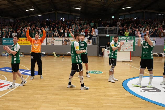 16 05 2026, Handball, Men, 3 League, Season 2025 2026, Promotion round, HG Saarlouis ASV Hamm Westfalen, Lars Weissgerber HG Saarlouis , Marcel Becker HG Saarlouis , Sven Eberlein HG Saarlouis , Wladislav Kurotschkin HG Saarlouis , Philipp Kockler HG Saarlouis Saarlouis Saarlouis Stadtgartenhalle Saarland Germany DEU Copyright: xSebastianxBachx