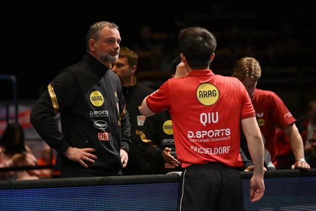 TT CL Hylo Final 4 semi-final Borussia Düsseldorf Alliance Nimes Montpellier on 16 05 2026 in the Saarlandhalle in Saarbrücken Danny Heister coach Düsseldorf , left and Dang Qiu Düsseldorf , right xJFx