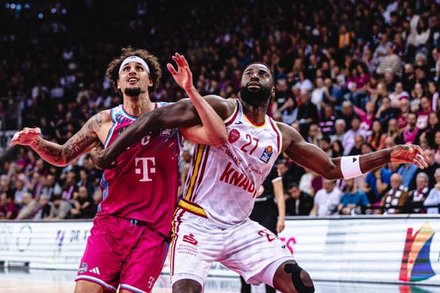 easyCredit Basketball Bundesliga, Playoff quarterfinal Telekom Baskets Bonn vs Fitness First Baskets Würzburg, 16 05 2026 Michael Kessens Telekom Baskets Bonn 6 and Eddy Edigin Jr Würzburg 27 in infight easyCredit Basketball Bundesliga, Playoff quarterfinal Telekom Baskets Bonn vs Fitness First Baskets Würzburg, 16 05 2026, Telekom Dome Bonn Copyright: xBEAUTIFULxSPORTS Derixx