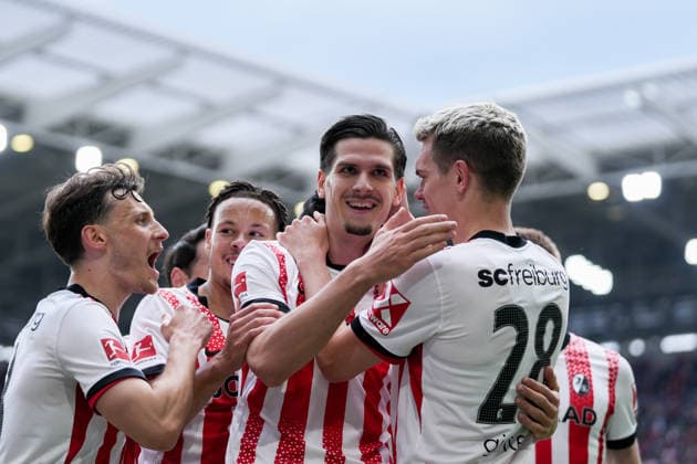 Maximilian Eggestein SC Freiburg, 08 , Derry Scherhant SC Freiburg, 07 , Igor Matanovic SC Freiburg, 31 , Matthias Ginter SC Freiburg, 28 , Goal celebration, Emotions, Goal shot, Conclusion, Goal success, Goal, Goal , Germany, Football, 1 Bundesliga, 34 Matchday, 2025 2026, SC Freiburg vs RB Leipzig, 16 05 2026, Europa Park Stadion, Freiburg Freiburg Europa Park Stadion Baden Württemberg Germany Copyright: xArnexAmbergx